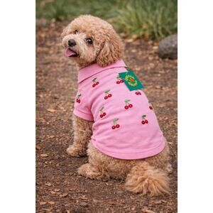 Canine Styles Pink Cherry Embroidered Dog Polo Shirt Size 14 Inch New Old Stock